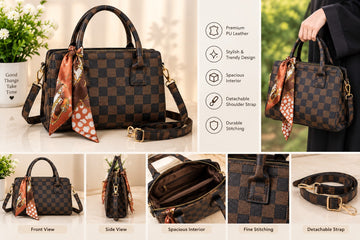Premium PU Leather Checkered Handbag – Brown & Black