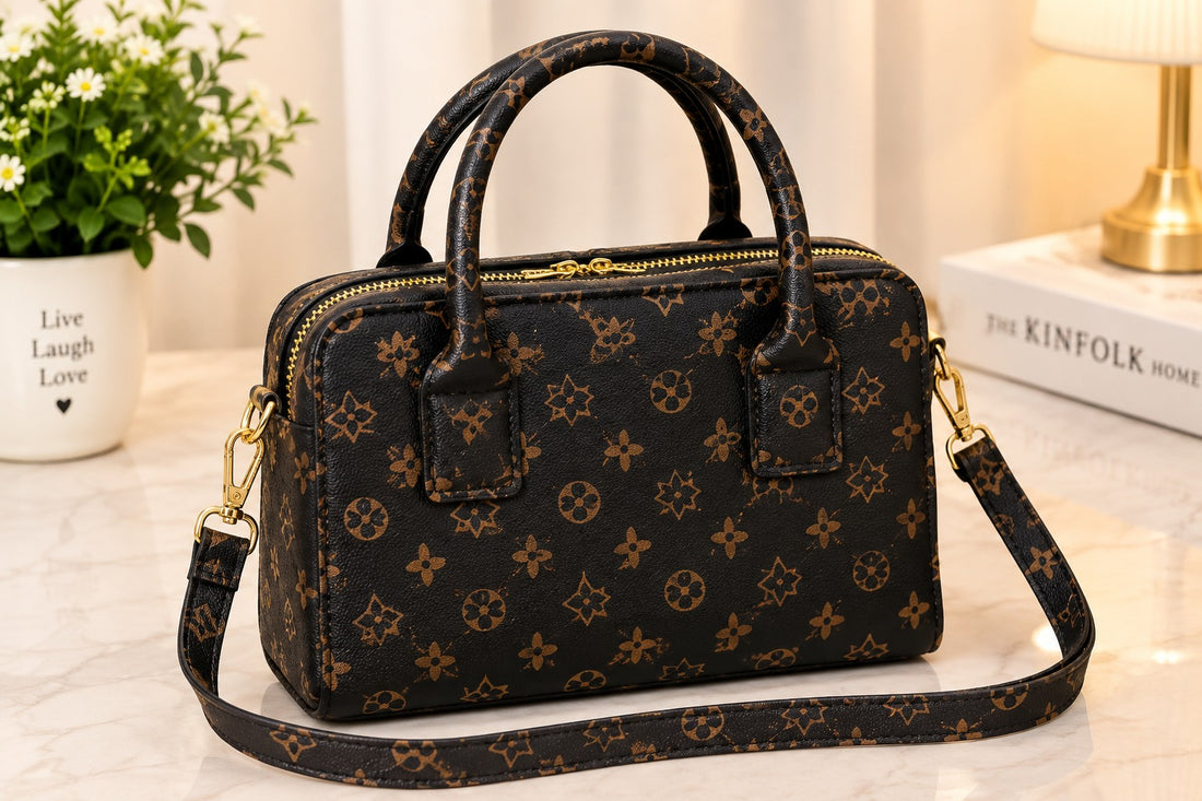 Premium PU Leather Checkered Handbag – Brown & Black